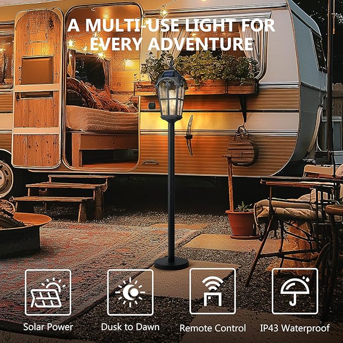 Emliviar Solar Pathway Light with Water Grain Glass Shade, 46 Inch Classic Post Lamp with Round Base in Black Finish, Portable Floor Lamp for Outdoor Travel, LED Bulb Included, YXE302PL-ML SL BK