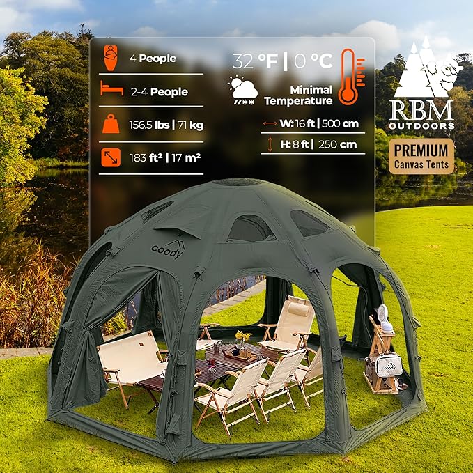 Coody | Rbm Outdoors Koala/Hub/Octopus Inflatable Tents for Camping with Stove Jack, 2/8/10 Person Luxury Canvas Blow Up Tent, 2 Room, Easy Setup Casa de Campaña, Large Inflatable House with Pump