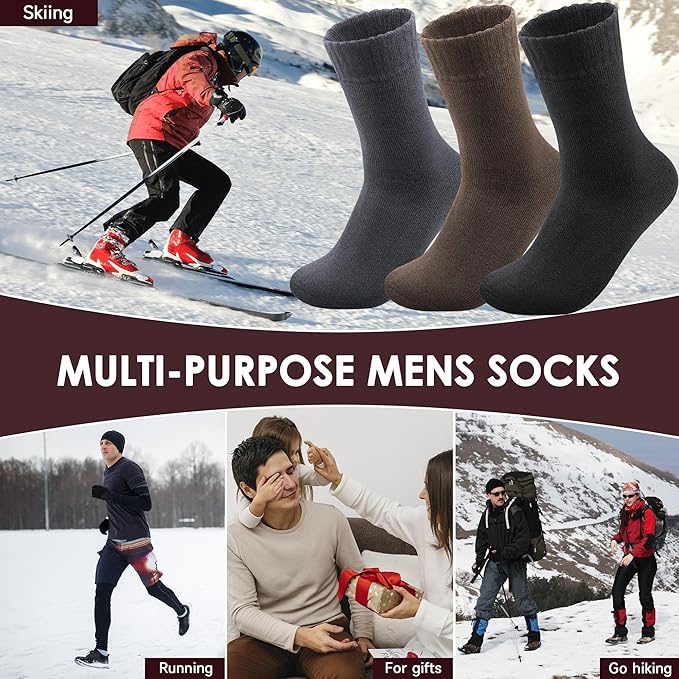 Reamphy 3 Pairs Thermal Socks for Men 6-13, Thick Warm Winter Outdoors Hiking Socks Mens