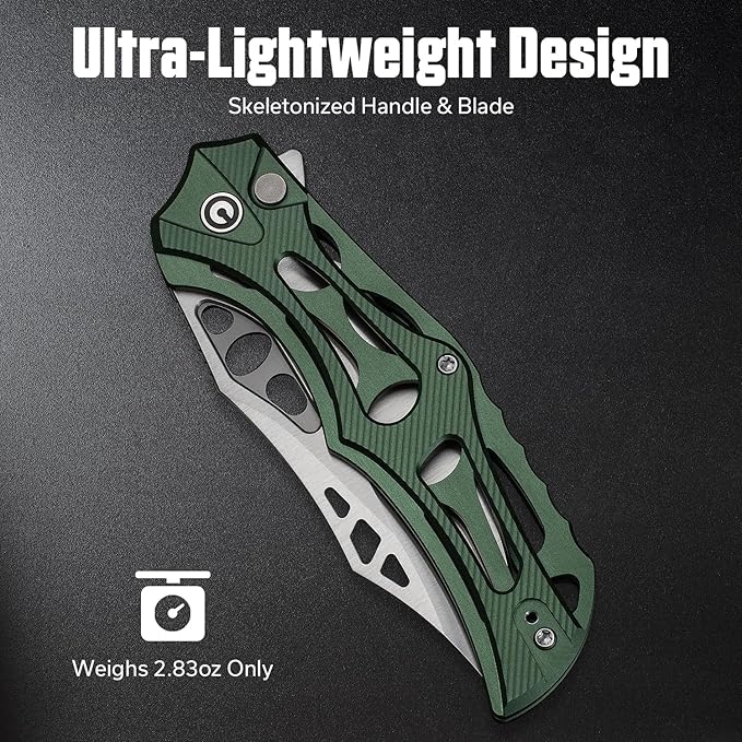 CIVIVI Biophase Pocket Folding Knife for Men, 3.48" Nitro-V Blade Aluminum Handle, Lightweight Skeletonized Flipper Knife for Tactical Survival C23083-1 (Green)