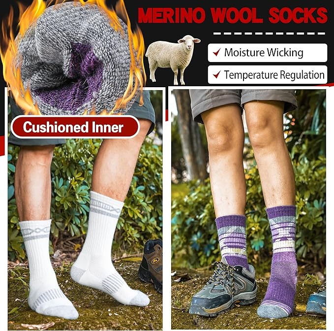 5 Pairs Merino Wool Hiking Socks Thermal Winter Warm Moisture Wicking Cushion Outdoor Socks for Women & Men