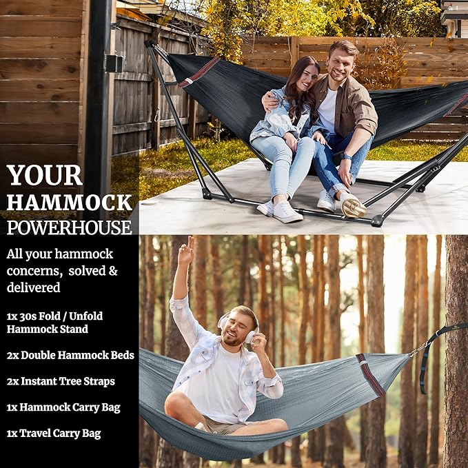 Tranquillo Universal Hammock with Stands Electro Static Coated Steel, Adjustable Foldable Hammock Stand with 2 Layered Polyester Net and Carry Bag for 2 Persons (Combo - Black)