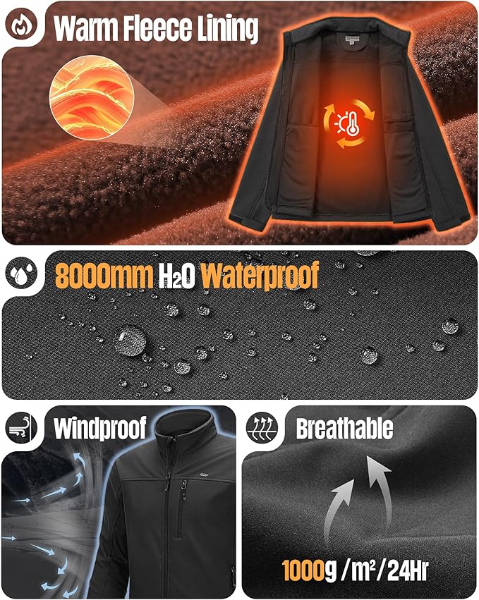 33,000ft Men's Waterproof Softshell Jacket Warm Fleece Lined Windbreaker Lightweight Soft Shell for Travel Hiking Golf