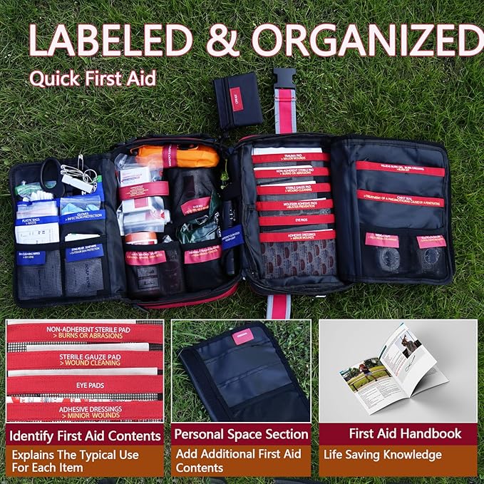 Advanced Comprehensive First Aid Kit with Well Organized Labelled Compartments Removable MOLLE System First Aid Trauma Kits for Car, Home,Camping, Office and etc.-401 Piece