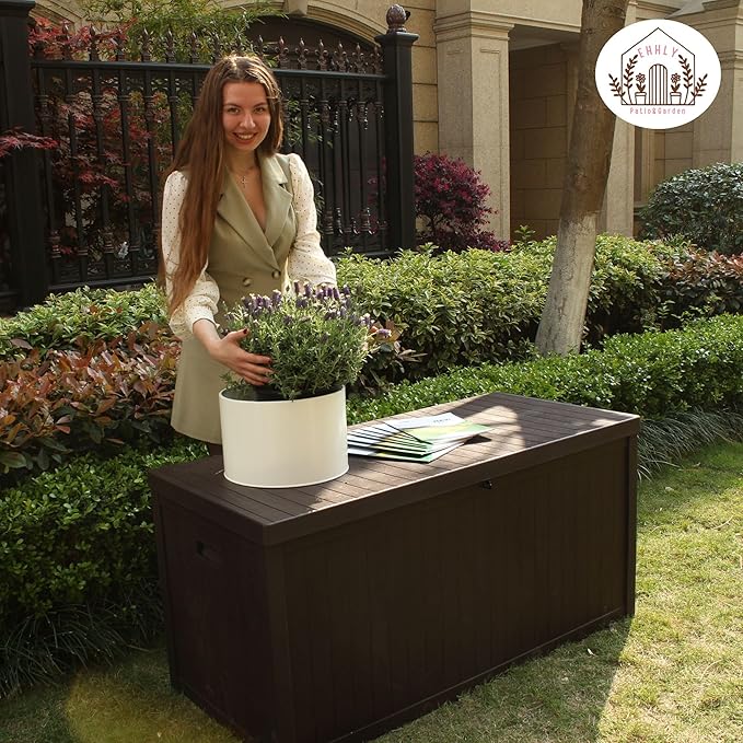 120 Gallon Outdoor Storage Box Large, Lockable Outside Containers Waterproof Patio Cushions Storage Deck Boxes, Plastic Garden Hose Boxes Resin Pool Storage Bins, Brown