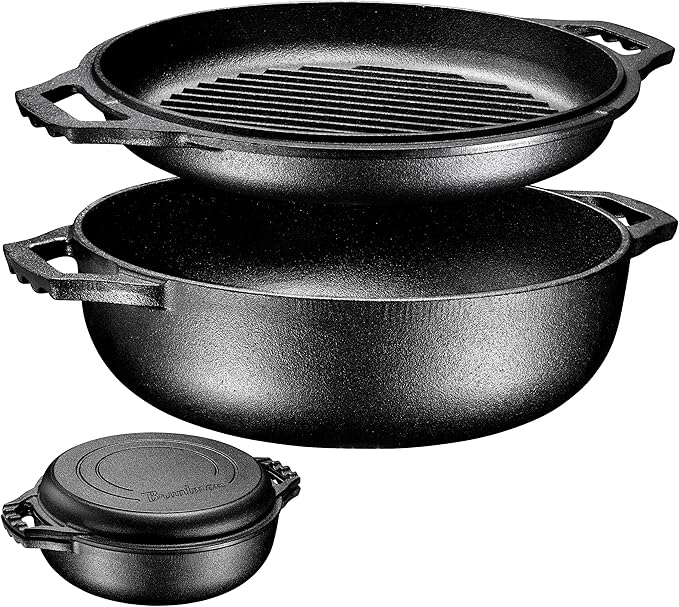 Bruntmor 2-in-1 Pre-Seasoned Cast Iron Dutch Oven with Dual Handles, Cocotte Double Braiser Pan with Grill Lid 3.3 Quarts - BBQ Grill, Fryer - Outdoor Cookware Set with Dual Handles, Camping,- Black