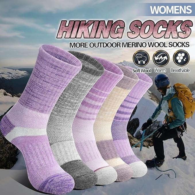 Anlisim Merino Wool Hiking Socks for Women Thermal Winter Warm Boot Work Cushion Socks 5 Pairs