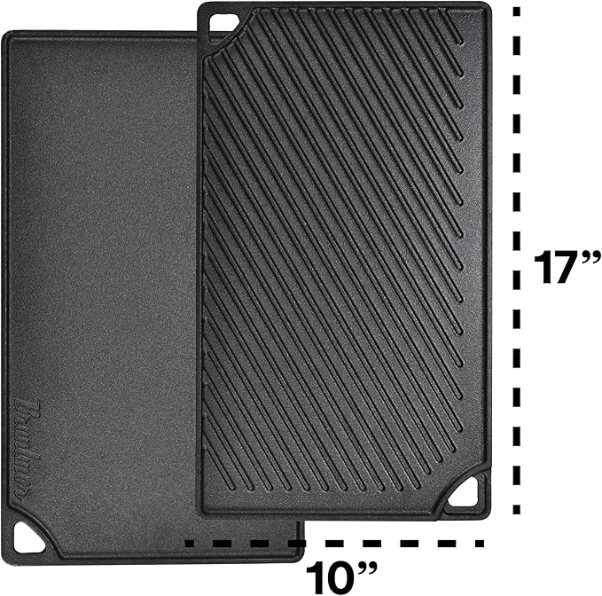 Bruntmor 2-in-1 Reversible Grill Plate - Pre-Seasoned Cast Iron Griddle Pan for Gas Stovetop, Oven, or Open Fire - 17x10-Inch Rectangular Double Sided Flat Pan for Camping, Roasting, and Grilling