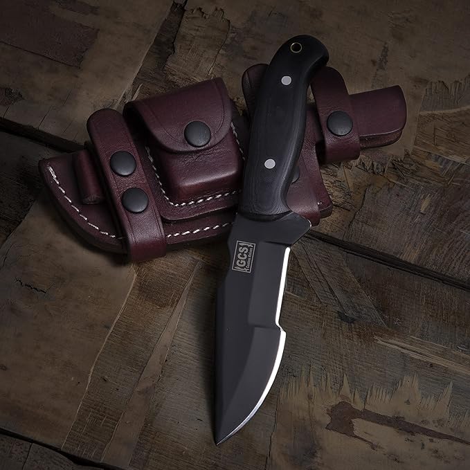 GCS Handmade Fixed Blade Hunting Knife with D2 steel Steel Blade and Micarta Handle for Hunting Camping and EDC with Leather Sheath-GCS 304 Black