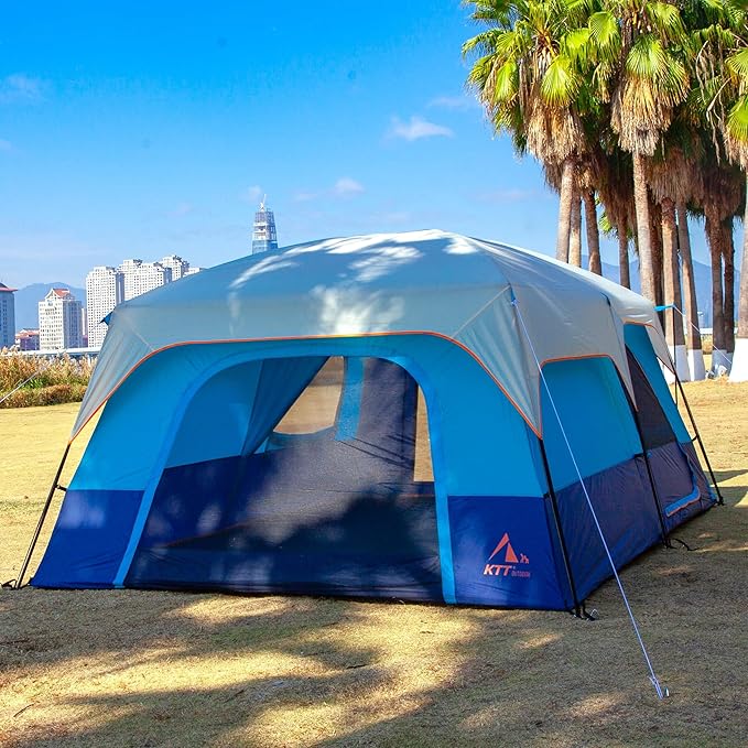 KTT Extra Large Tent 6-10-12-14 Person(A),Family Cabin Tents,2 Rooms,3 Doors and 3 Windows with Mesh,Straight Wall,Waterproof,Double Layer,Big Tent for Outdoor,Picnic,Camping,Family Gathering