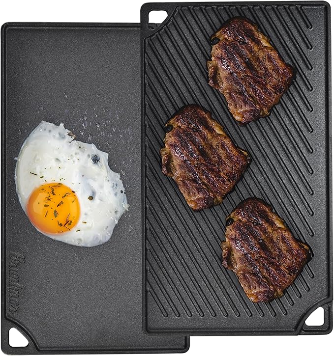 Bruntmor 2-in-1 Reversible Grill Plate - Pre-Seasoned Cast Iron Griddle Pan for Gas Stovetop, Oven, or Open Fire - 17x10-Inch Rectangular Double Sided Flat Pan for Camping, Roasting, and Grilling