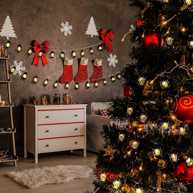 AceList 20 LED Black Lantern String Lights Mini Kerosene Lamp for Indoor Outdoor Patio Garden Holiday Home Ramadan Wedding Party Christmas Tree New Year Decorations(Warm White Light)