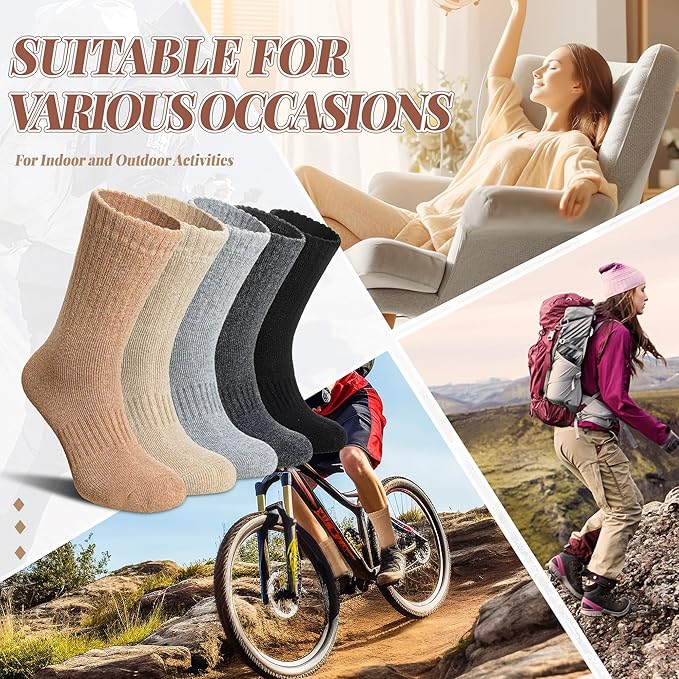 Merino Wool Socks For Women Hiking Winter Boot Thermal Warm Thick Cozy Work Crew Socks 5 Pairs