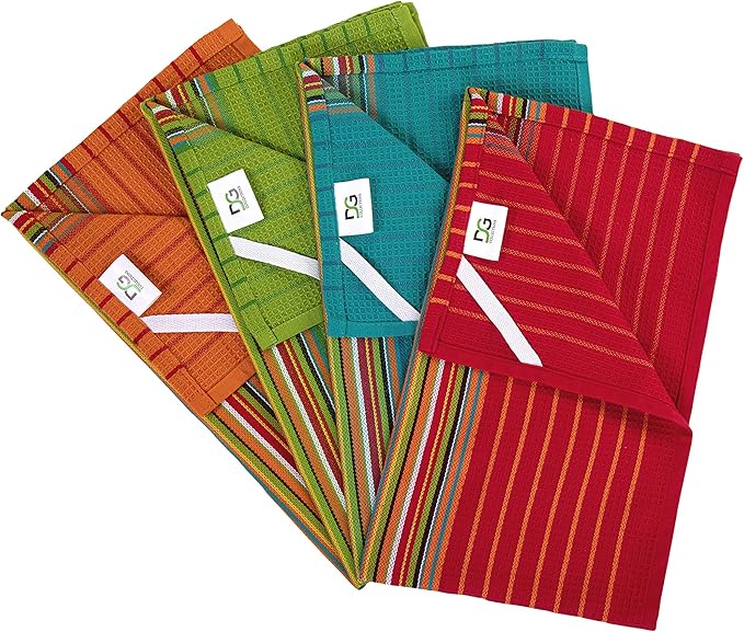 DG Collections Salsa Stripe Kitchen Dish Towels, 100% Cotton, Highly Absorbent, Multi Purpose Waffle Tea Towels for Cooking, Drying & Cleaning, 16x28 Inches, Pack of 12