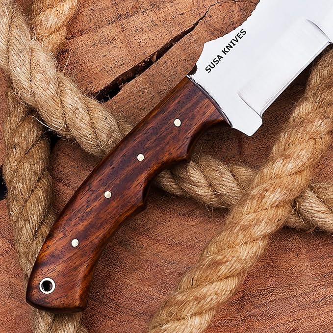 Handmade D2 Steel Tracker Knife with Micarta Handle and Rose Wood - Survival Camping Hunting Tactical Fixed Blade with Horizontal Carry Sheath