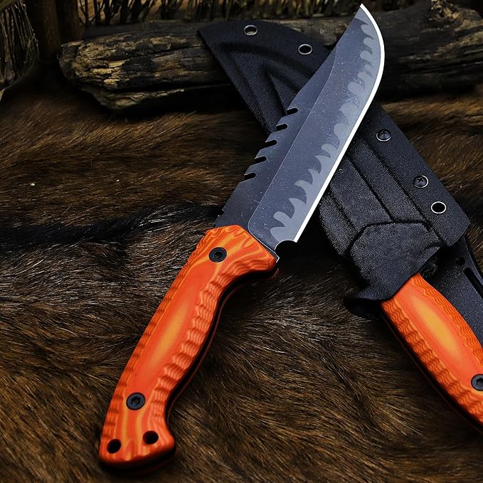 BA-KOR 12.4in Full Tang Fixed Blade Hunting Knife โ 6mm 9CR18MoV Steel, G10 Handle, Stonewashed Sawback Blade with Kydex Sheath & Fire Starter for Outdoor, Camping, Survival (Orange with light yellow stripes)