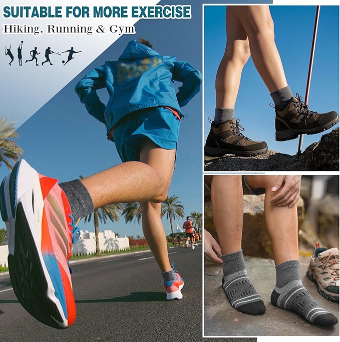 EBMORE 6 Pairs Merino Wool Ankle Hiking Running Socks Compression Support Thick Cushion No Show Socks for Men Women