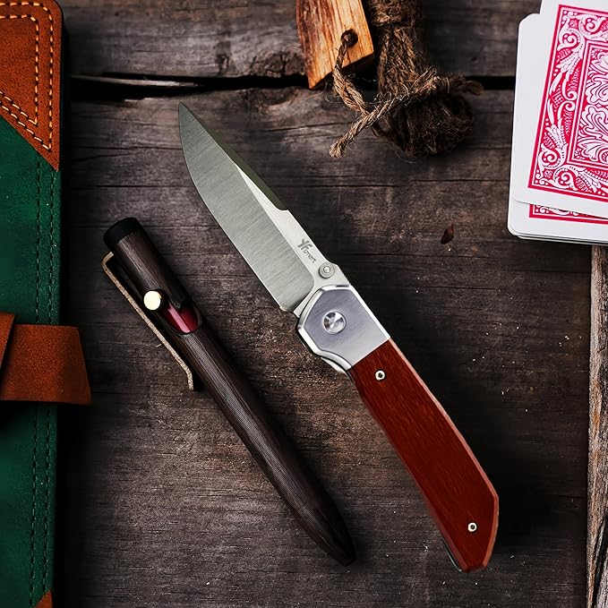 Small Folding Pocket Knife, Drop-Point D2 Blade, Sturdy Wooden Handle, Deep Carry Pocket Clip – Ideal for Camping, Hunting, Hiking & EDC, Gift for Women, Men