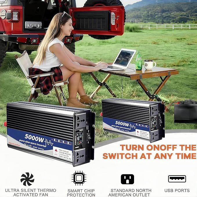 5000W Power Inverter 72V DC to 110V AC Converter with LED Display Dual AC Outlets Dual Fans Radiating for RV, Camp, Boat and Home Emergency Portable Pure Sine Wave Inverter (Smart Screen, 5000W 72V)