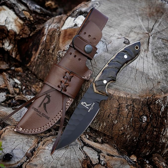 Fixed Blade Knife – 9" Black Coated Drop Point Hunting Knife With Leather Sheath - Full Tang 1095c High Carbon Steel - For Outdoor Use