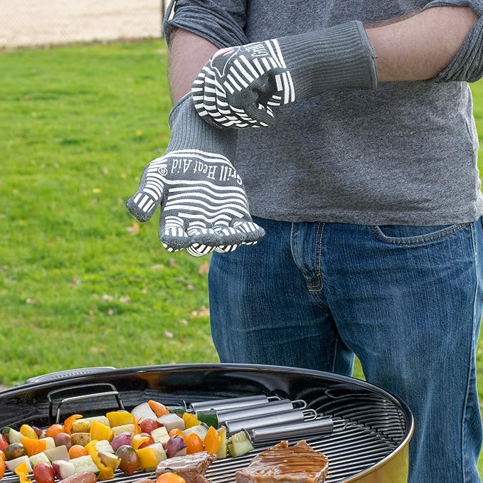 GRILL HEAT AID BBQ Grill Gloves Heat Proof for Grilling โ Fireproof 1472ยฐF Heat-Resistant Grill Mitts for Outdoor Barbecue and Smoker, Campfire, Fire Pit, Oven Glove with Fingers for Baking Pizza