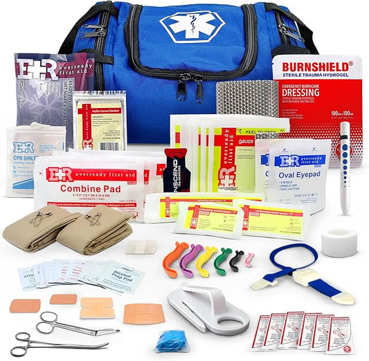 Fully Stocked Trauma First Aid Kit – First Responder II Bag with Tools, Gauze, Bandages, Scissors & Gloves – Compact & Portable – OSHA and ANSI Compliant – Blue