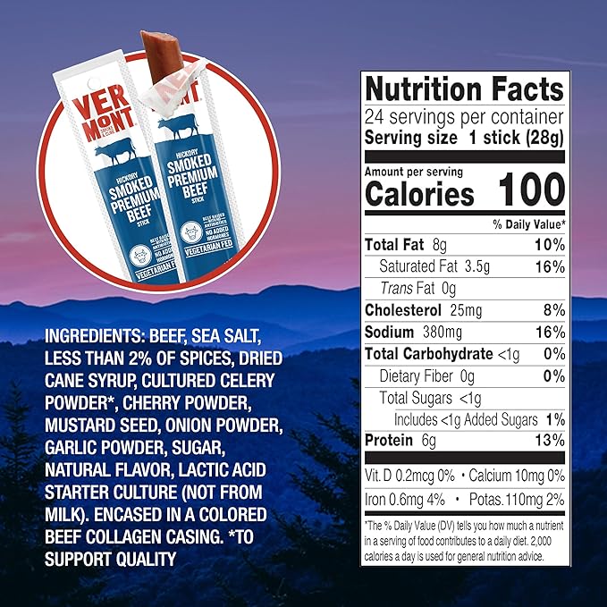 Vermont Smoke & Cure - Smoked Premium Beef Stick - No Antibiotics or Added Hormones, Perfect for Charcuterie Board or Hiking Snack - 1oz, 24-pack