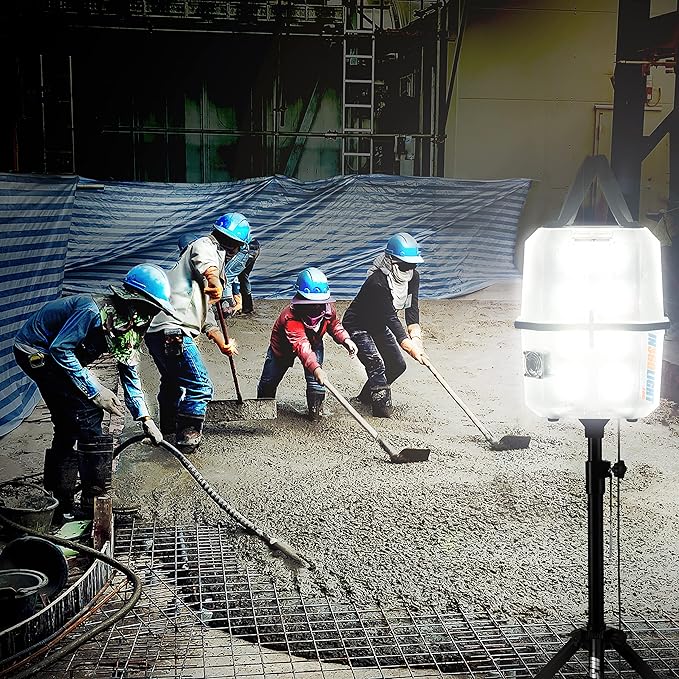 Portable LED Work Light 20,000 Lumens, Professional Lighting Dispersed in 360 Degrees, Weather Resistant Durable Indoor Outdoor Use with Telescoping Tripod Stand