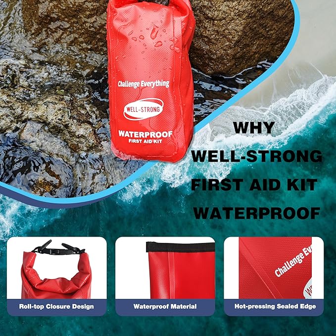 Boat First Aid Kit with Survival Tools, 123pcs Waterproof Emergency Marine Kit with Buckles, Compact Boat Safety Accessories for Fishing Kayaking Boating Camping Rafting Beach Red