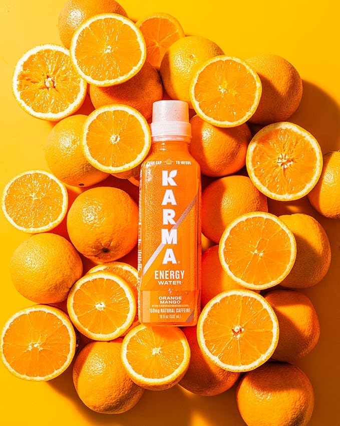 Karma Energy Drink – 12 Pack, Orange Mango Caffeinated Water with Cognizin® Nootropics, Vitamins & Immune Support, Low Calorie