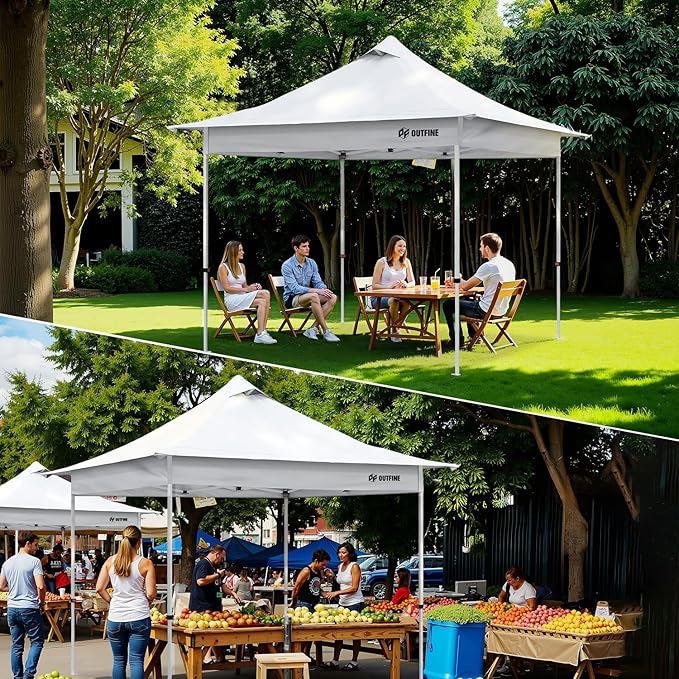 OUTFINE 10×10 Pop Up Canopy-Heavy Duty Canopy Tent with Sturdy Metal Frame(8×8 Base), Carrying Bag, Sandbags×4,Tent Stakes×8 for Events,Camping&Parties(White,10 * 10FT)