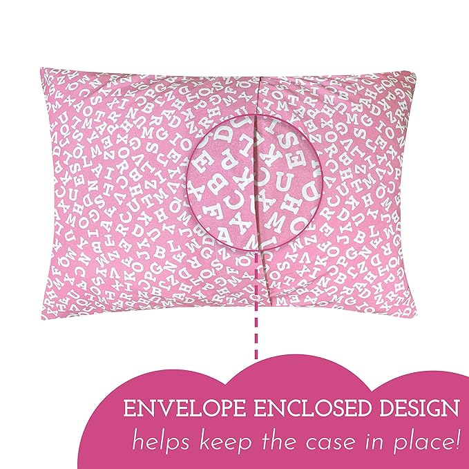 Little Sleepy Head Toddler Pillow with Pillowcase 13x18 - Kids Pillow for Sleeping - Better Neck Support Ergonomic Pillow and Toddler Pillowcase - Best Pillows for Kids (Alphabet Pink)