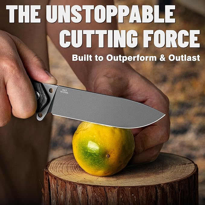 LOTHAR BAT Survival Knife, Full Tang D2 Steel Fixed Blade Knife with G10 Handle, Tactical Hunting Horizontal Carry Knives with Kydex Sheath, Bushcraft Camping Knives, Gifts For Men