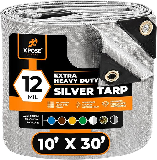Heavy Duty Silver Poly Tarp 10' X 30' - Multipurpose Protective Cover - Durable, Waterproof, Weather Proof, Rip and Tear Resistant - Extra Thick 12 Mil Polyethylene - by Xpose Safety
