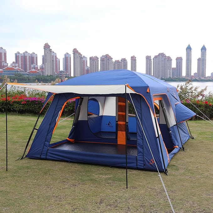 KTT Extra Large Tent 6-10-12-14 Person(A),Family Cabin Tents,2 Rooms,3 Doors and 3 Windows with Mesh,Straight Wall,Waterproof,Double Layer,Big Tent for Outdoor,Picnic,Camping,Family Gathering