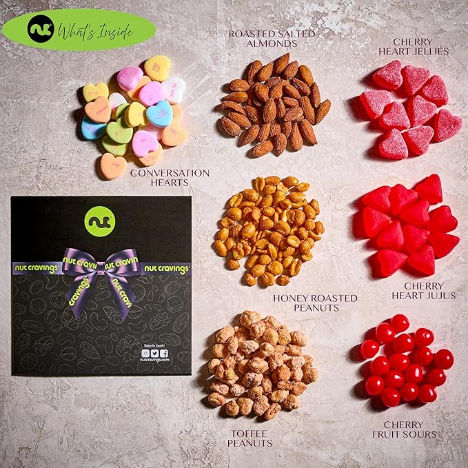 NUT CRAVINGS - Diwali Sweets Hamper Mixed Nuts & Heart Candy Gift Basket in Red Gold Box (7 Assortments, 1 LB) Food Arrangement, Healthy Snack Care Package, Food Assortments