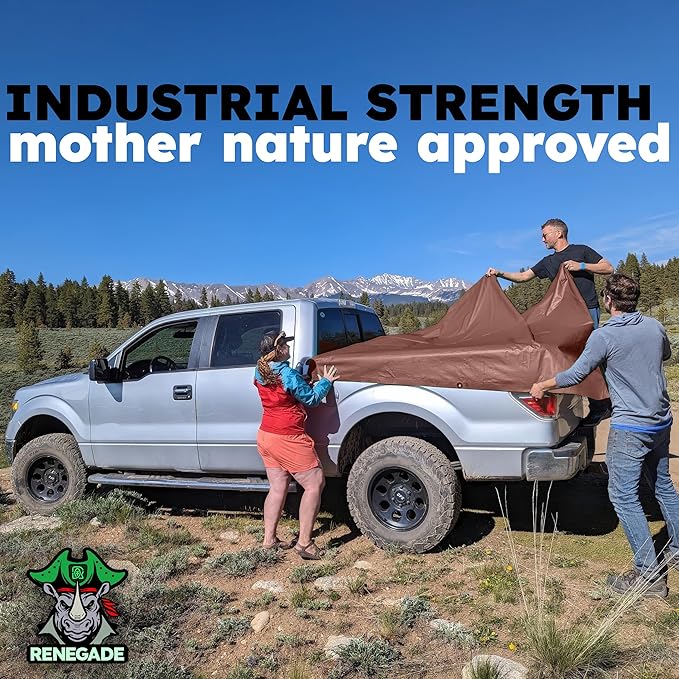 RENEGADE Industrial Tarp 10x10 ft Brown – Heavy Duty, Waterproof, UV-Resistant, PFAS-Free – Square Tarpaulin for Campsites, Roofing, Construction & Outdoor Shelter