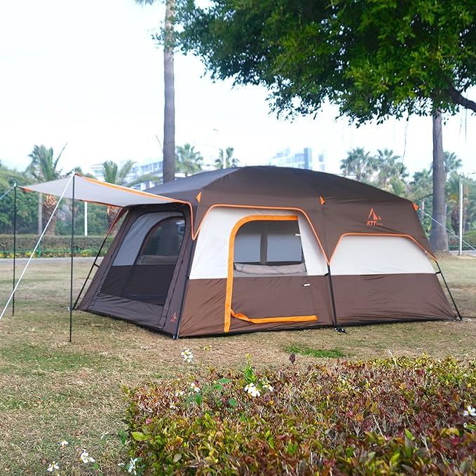 KTT Extra Large Tent 6-10-12-14 Person(A),Family Cabin Tents,2 Rooms,3 Doors and 3 Windows with Mesh,Straight Wall,Waterproof,Double Layer,Big Tent for Outdoor,Picnic,Camping,Family Gathering