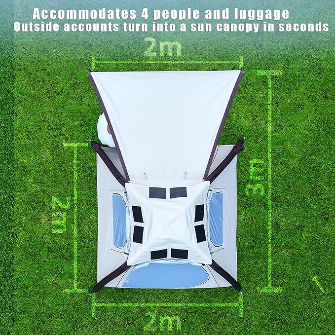 Solar Rechargeable 4 Person Inflatable Tents for Camping - Waterproof Beach Family Glamping Tents with Mesh Doors and Windows