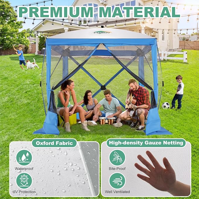 COBIZI 6x6 Pop up Gazebo Tent on Clearance, Ez up Waterproof Screen Tent Screen House with 3 sidewalls,Portable Outdoor Canopy with Carry Bag & Ground Stakes for Camping,Garden and Picnics, Blue