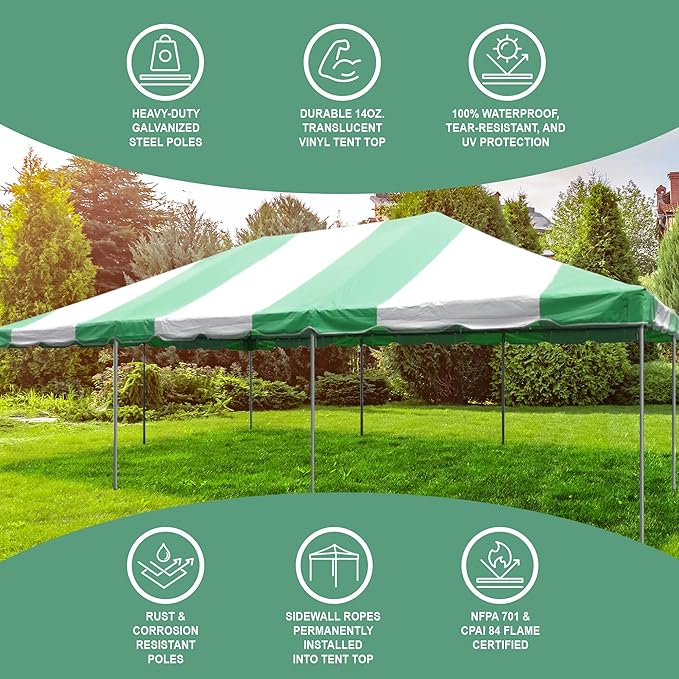 Party Tents Direct 20'x40' Weekender West Coast Tent Frame Party Tent (Green/White) PVC Top with Storage Bag - Tents for Parties, Weddings, Birthdays, Banquets, Fiestas, Workshop, Outdoor Event
