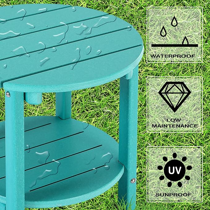 LZRS Round Adirondack Side Table Double End Table, Outdoor Side Tables for Patio, Backyard,Pool, Indoor Companion, Easy Maintenance & Weather Resistant(Turquoise)