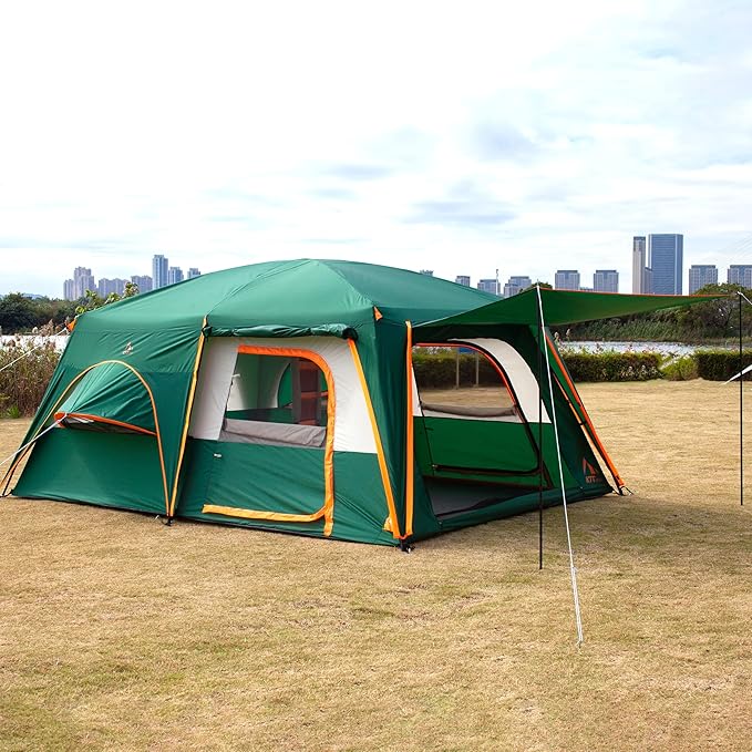 KTT Extra Large Tent 6-10-12-14 Person(A),Family Cabin Tents,2 Rooms,3 Doors and 3 Windows with Mesh,Straight Wall,Waterproof,Double Layer,Big Tent for Outdoor,Picnic,Camping,Family Gathering