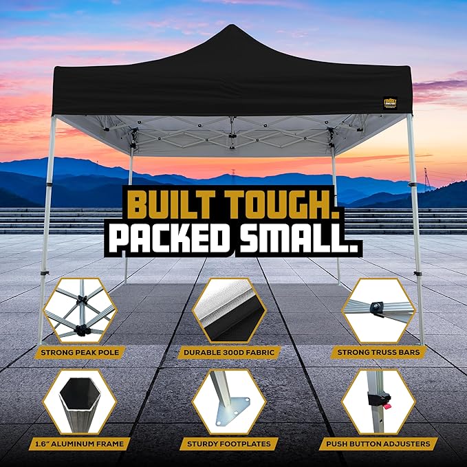 8x8 Heavy Duty Pop Up Canopy - EZ Setup, Commercial Grade Aluminum Frame, 42โ Folded Frame Height, UPF 50+, Adjustable Portable Tent for Beach, Events, Camping, Roller Bag (Black)