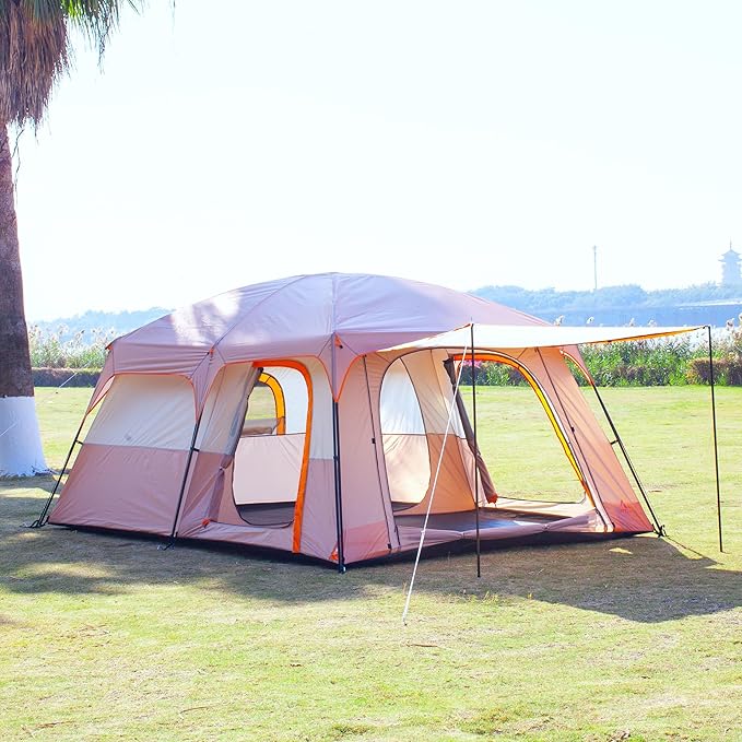 KTT Extra Large Tent 6-10-12-14 Person(A),Family Cabin Tents,2 Rooms,3 Doors and 3 Windows with Mesh,Straight Wall,Waterproof,Double Layer,Big Tent for Outdoor,Picnic,Camping,Family Gathering