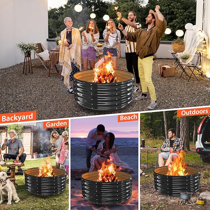 40 Inch Round Galvanized Fire Pit Ring/Fire Ring - Foldable and Perfect for Outdoor Gatherings and Campfires in The Yard/Garden/Park/Beach (Black+Gray, 3.3 FT Diameter+1.5 FT Tall)
