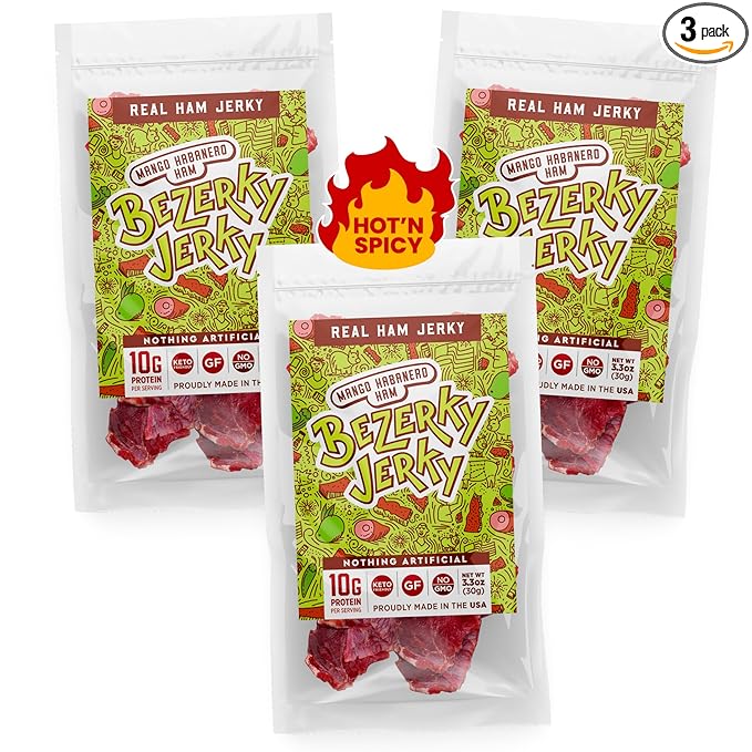 All Natural Spicy Jerky | Mango Habanero | Healthy Keto Snack | Authentic American Ham | Non-GMO | Gluten-Free | Low Fat | High Protein | Camping Food | Bezerky Jerky | 3.3 Oz (Pack of 3)