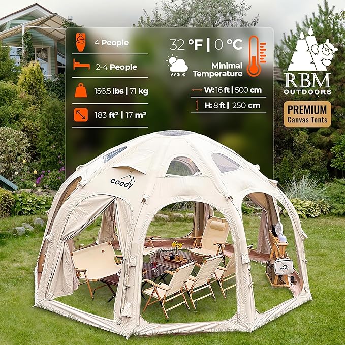 Coody | Rbm Outdoors Koala/Hub/Octopus Inflatable Tents for Camping with Stove Jack, 2/8/10 Person Luxury Canvas Blow Up Tent, 2 Room, Easy Setup Casa de Campaña, Large Inflatable House with Pump