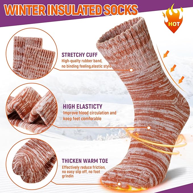 Women Heated Socks Ski Winter Thermal Hiking Snowboarding Thick Boot Insulated Socks 3 Pairs