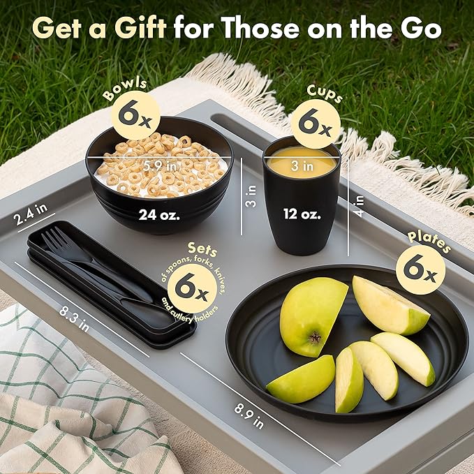 FOODLE Wheat Straw Dinnerware Set - BPA Free - Unbreakable, Microwave & Dishwasher Safe- Alternative to Plastic Dishes - Perfect for Outdoor, RV, Dorm - Camping Plates Cups and Bowls Set - For 6